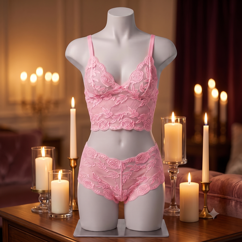 Blush Affair pink lace bralette and matching shorts set in a candlelit setting
