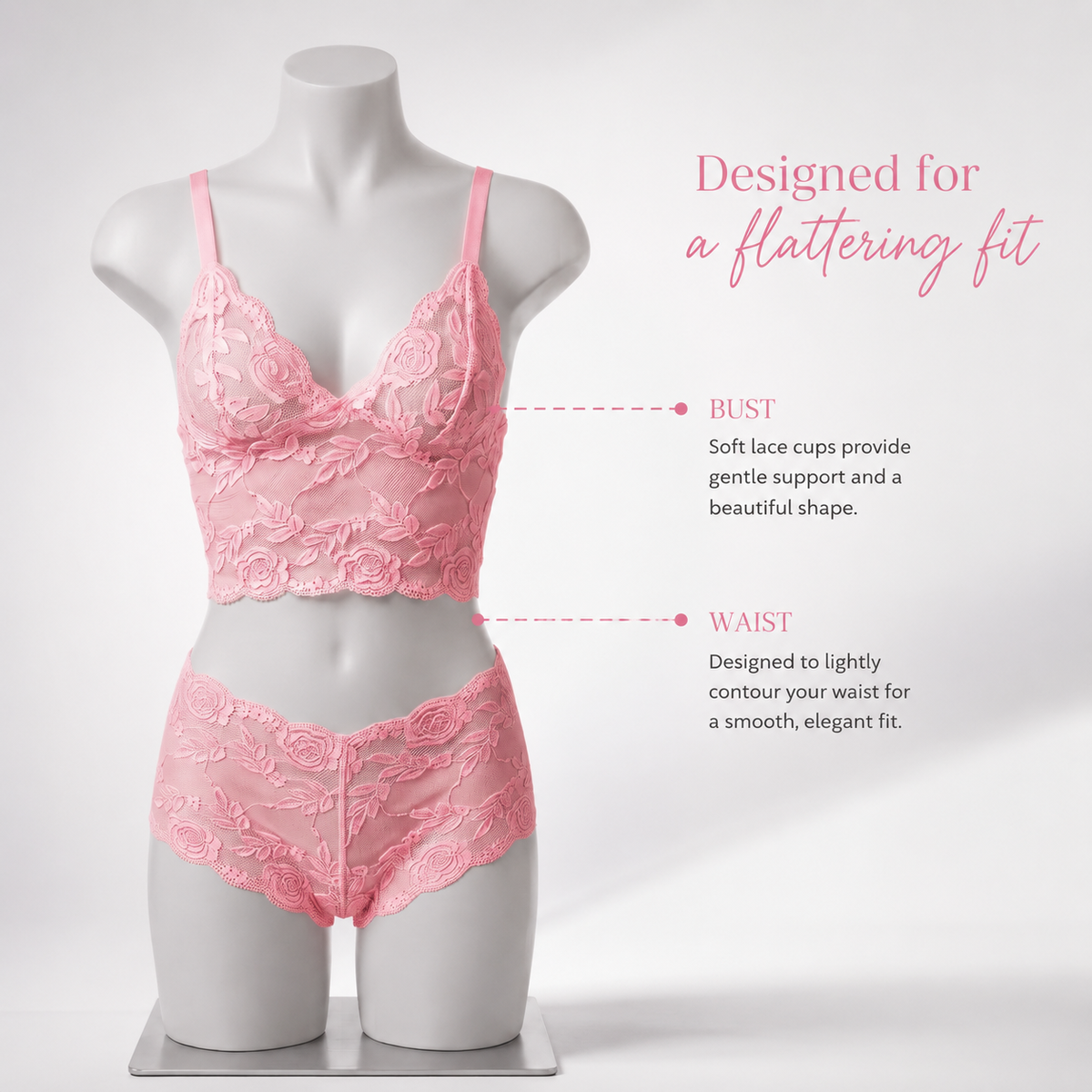 Back view of a model wearing the Blush Affair floral lace two-piece set.