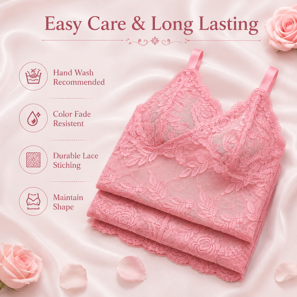 Infographic highlighting the comfortable and flattering fit features of the Blush Affair lace set.