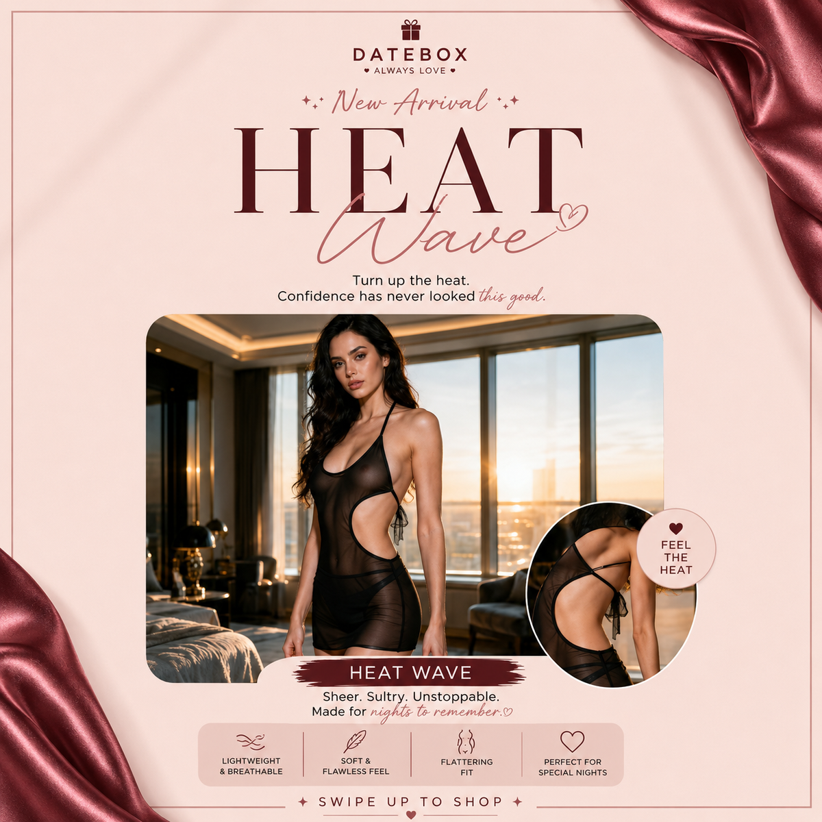 Product packaging and unboxing presentation for the Datebox Heat Wave romantic couple's kit.