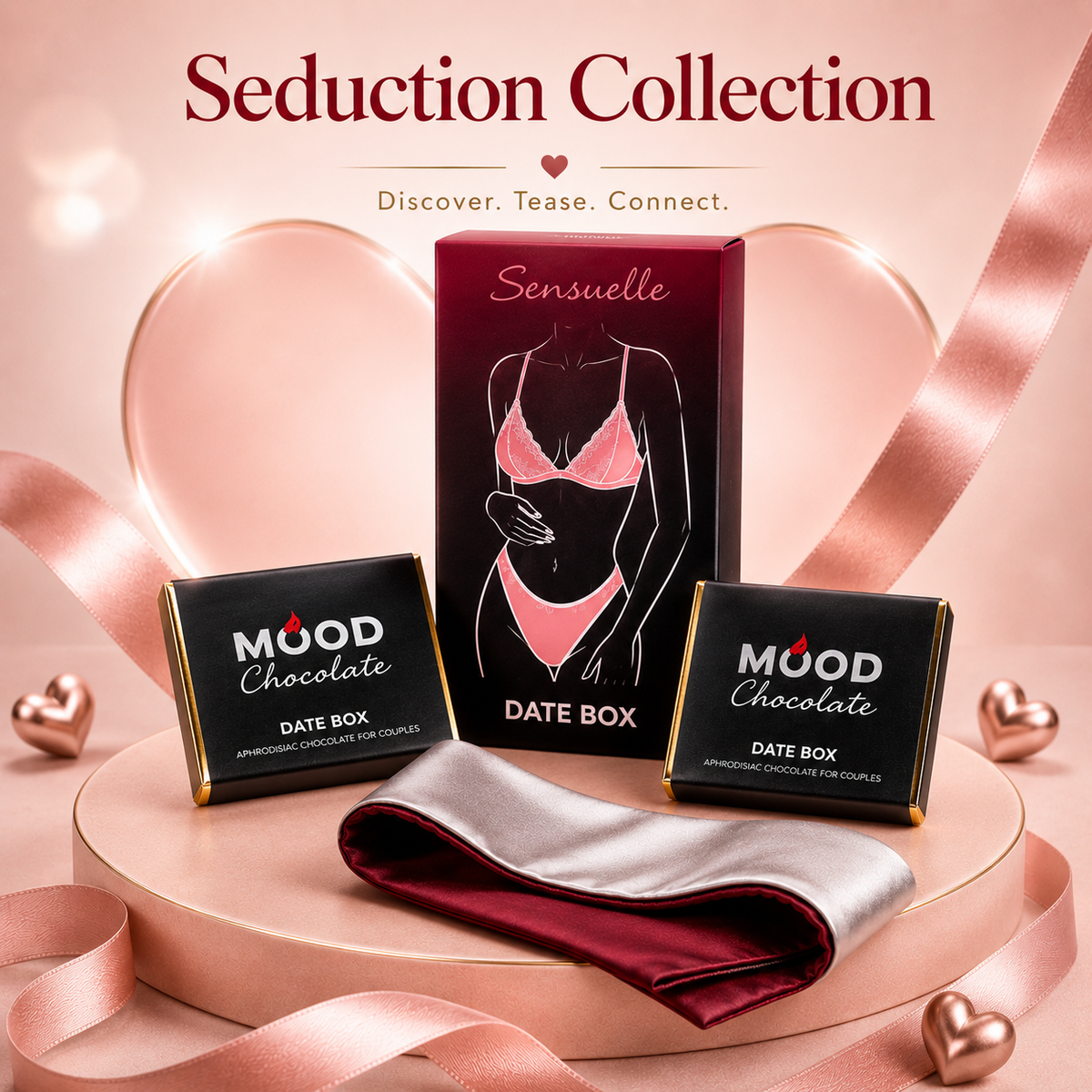 DateBox Seduction Collection couple intimacy kit with lingerie, massage chocolate and blindfold